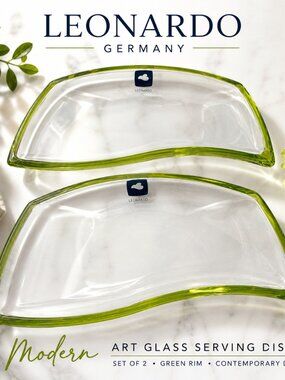 Leonardo Curved Glass Serving Platters in Lime Green Trim (Set of 2)